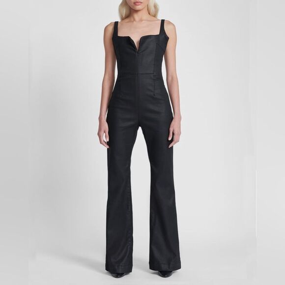 NWT 7 FOR ALL MAN KIND black Coated Denim Flared Jumpsuit In Rabbithole sz small - Picture 1 of 12